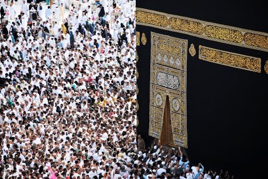 Mass of pilgrims in traditional attire at Kaaba during the Hajj pilgrimage.