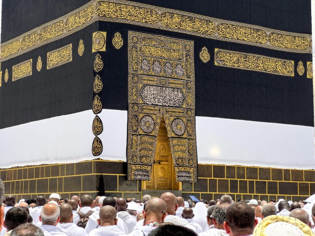 A gathering of pilgrims around the sacred Kaaba in Mecca, a significant Islamic site.